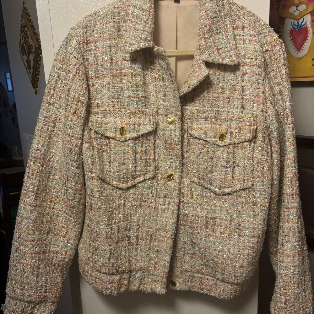 Express Women's Tweed Blazer - Cream and Gold